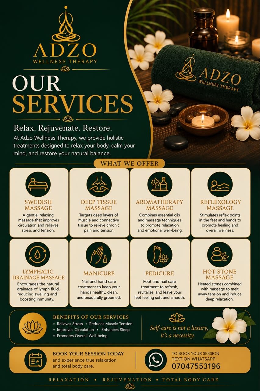 ADZO services flyer listing massage and body-care treatments