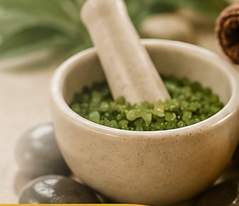Aromatherapy oils and herbs in a mortar beside smooth stones