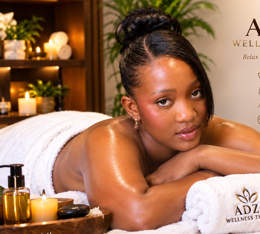 A relaxed client on a massage table with a rolled ADZO towel, oils and candles